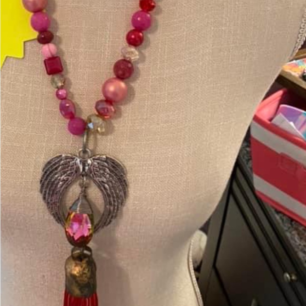 Art by Amy pink and red gemstone chain with hearty pendant and pink ab crystal